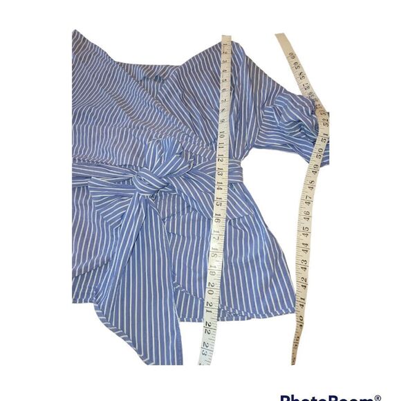 ZARA Woman True Wrap Blue White Stripe Wrap Boat Neck 3/4 Sleeve Top M - Picture 9 of 13